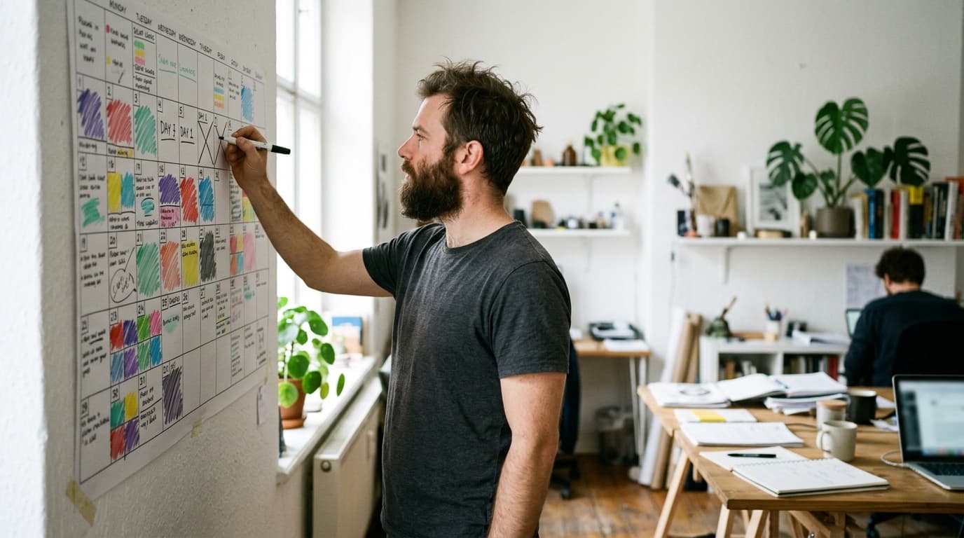 A founder crossing off day one on a colour-coded 30-day wall calendar of marketing tasks — TurboAgents 30-day AI marketing transformation plan