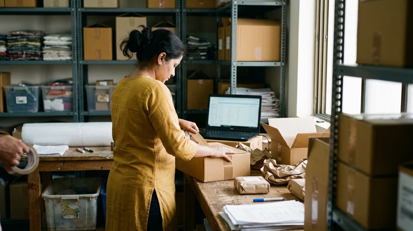 An online shop owner packing orders while her laptop works through marketing tasks in the background — TurboAgents article on agentic AI in marketing