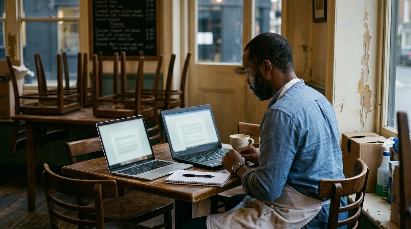 A café owner comparing two laptops side by side with a hand-drawn comparison grid — TurboAgents comparison of the best AI marketing tools in 2026