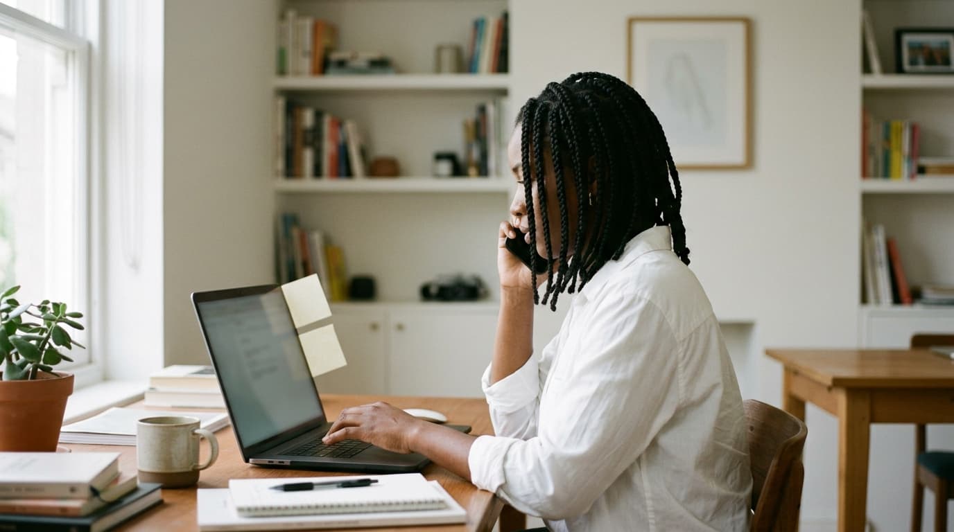 A solo consultant juggling a call and a laptop in a home office, notes for sales, product and marketing on the screen edge — TurboAgents AI tools guide for solopreneurs