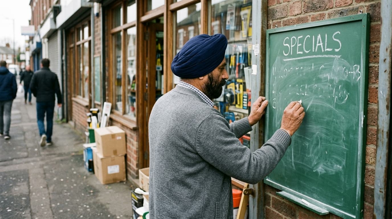 A Sikh shopkeeper in a navy turban chalking the week’s specials on the same green board outside his hardware shop — TurboAgents blog post on why marketing consistency beats cleverness