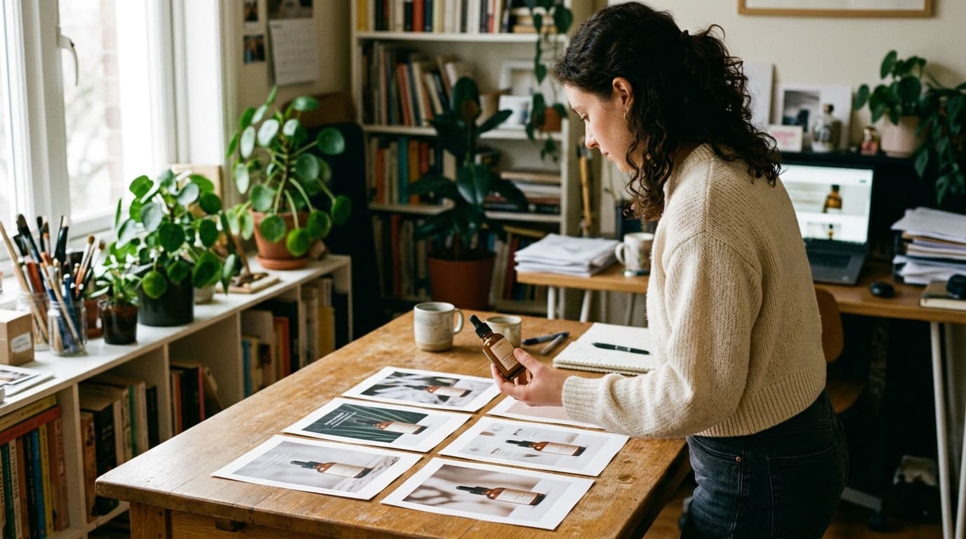 A skincare founder comparing eight printed ad variations of the same product laid out on a table — TurboAgents blog post on why great products need more ad creatives