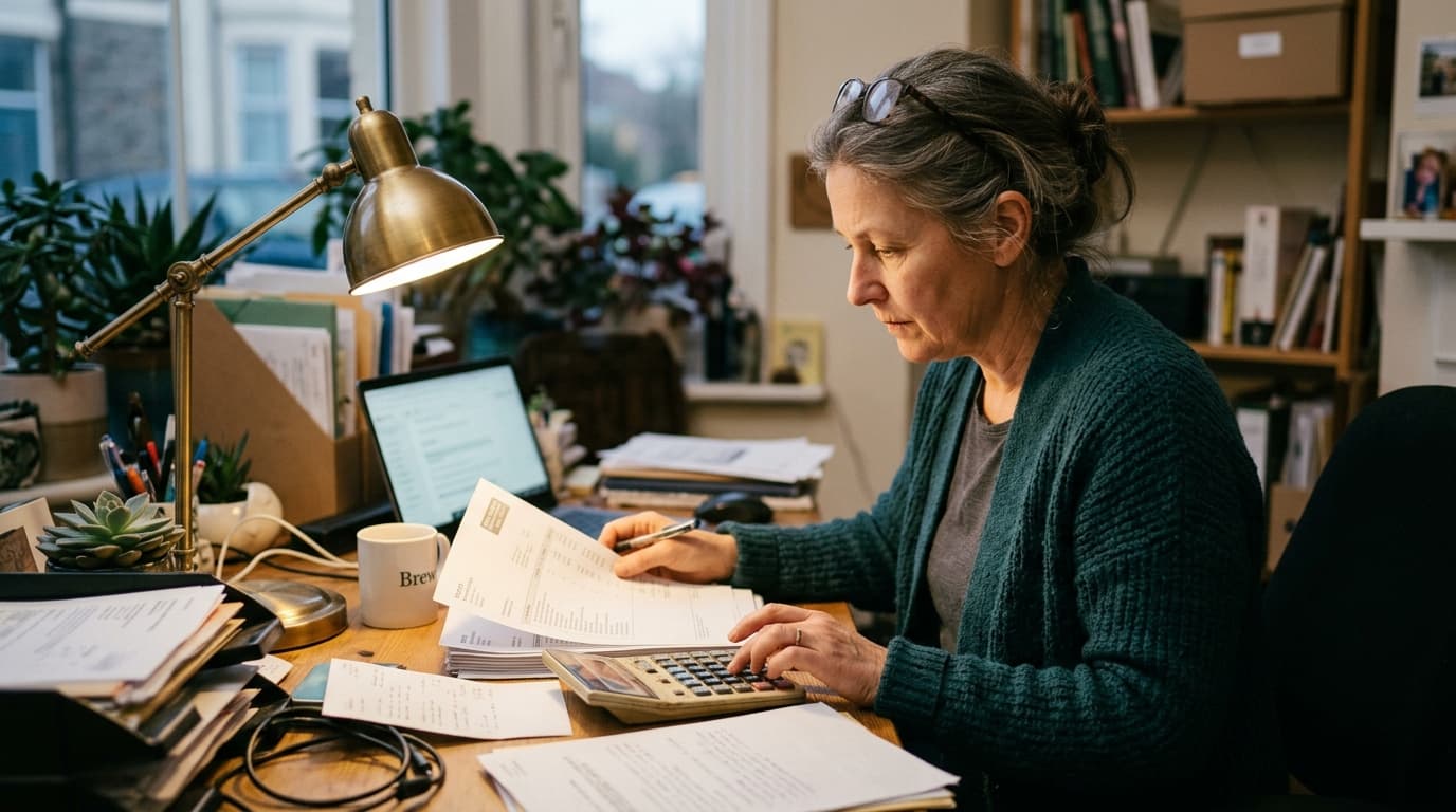 A business owner checking a thick agency invoice against a calculator — TurboAgents comparison of agency costs versus an AI marketing platform