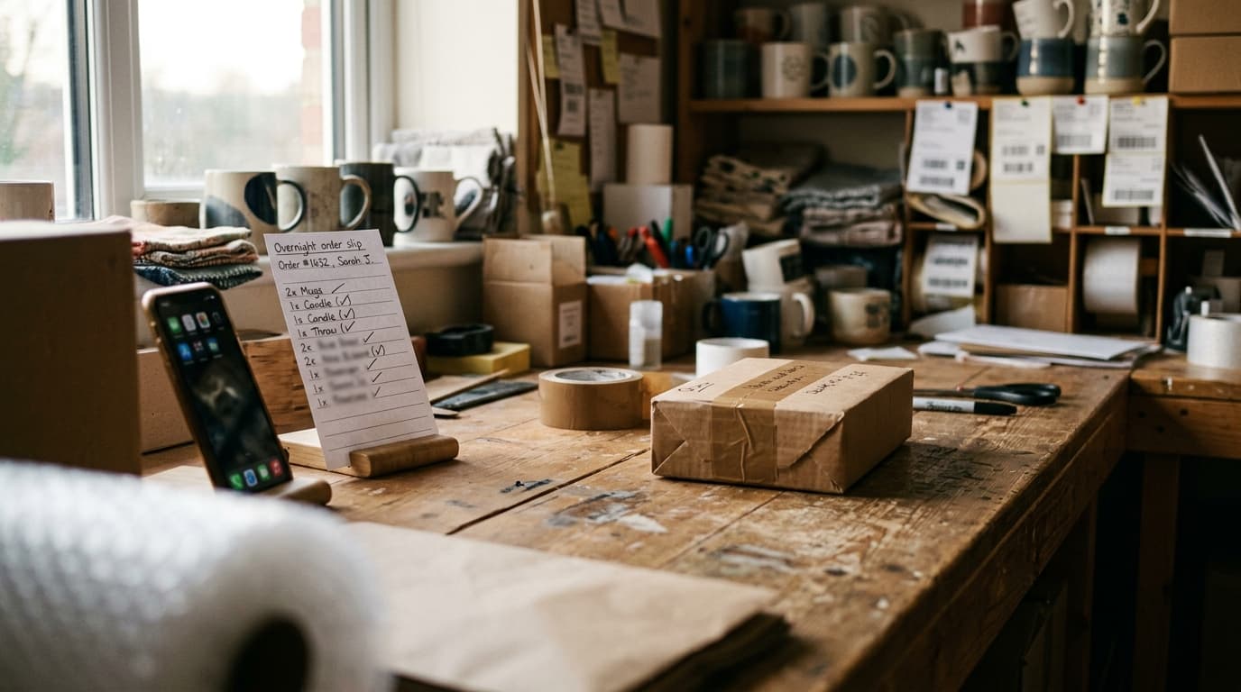 The packing bench of a small online homeware shop at dawn, no one in the frame: an addressed, taped parcel beside a phone on a stand and an overnight order slip ticked off by hand — TurboAgents research post on agentic AI marketing news and AI shopping agents