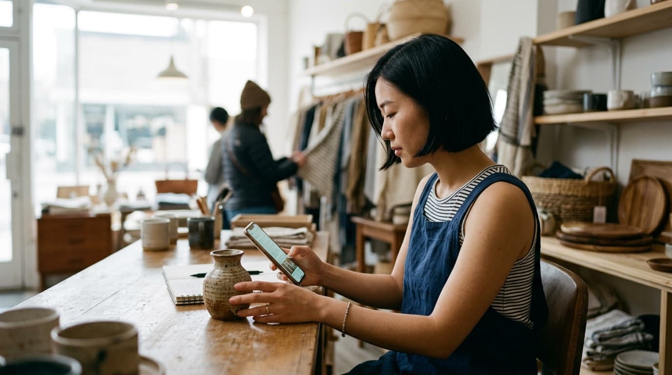 A homeware shop owner reviewing ad drafts on her phone next to the product they advertise — TurboAgents how-to on AI ad copy generators