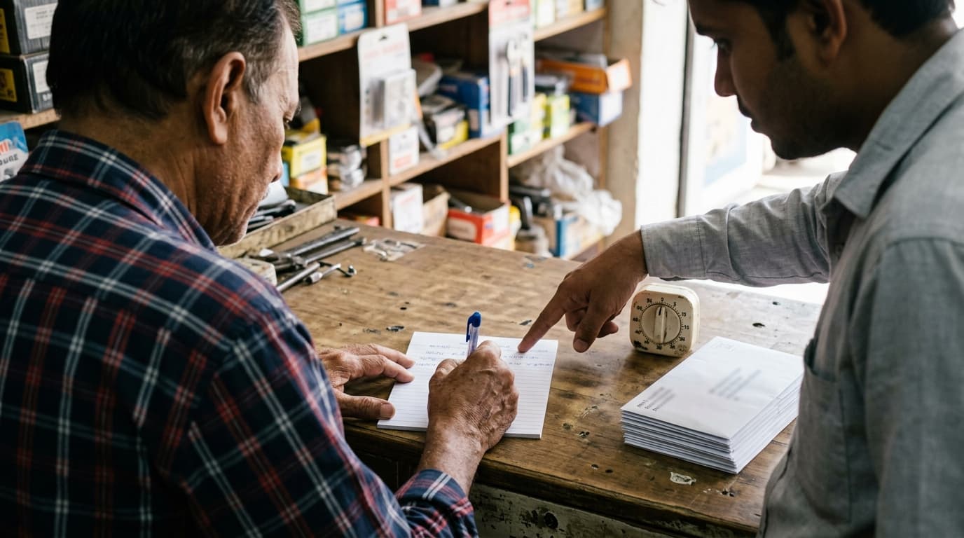 An older hardware shop owner in a checked shirt writing an errand note at his wooden counter while a younger assistant points at one line to change, a wind-up timer and a stack of addressed envelopes beside them: TurboAgents guide to AI agents vs copilots vs automation