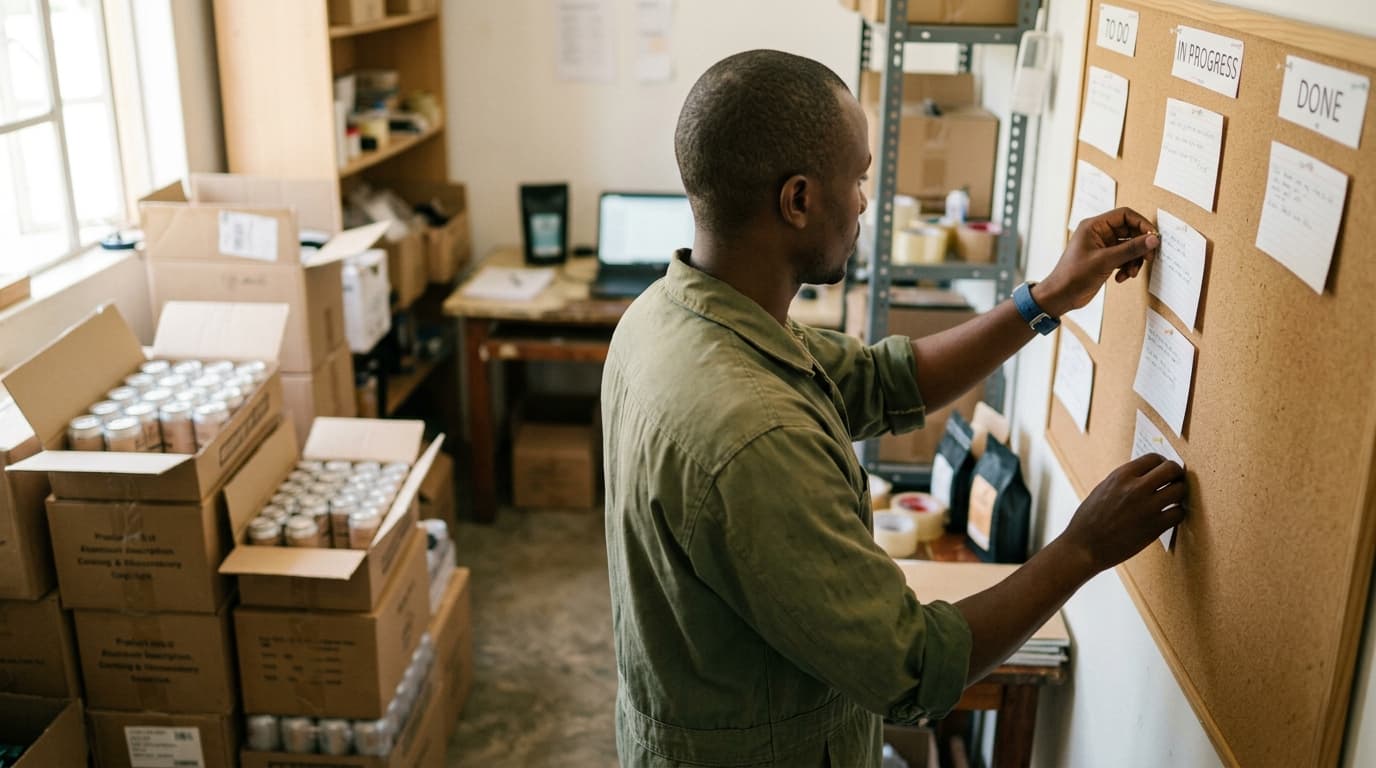 A coffee-brand co-founder in an olive work shirt pinning index cards into columns on a corkboard in a stockroom full of boxed new cans — TurboAgents guide to go-to-market planning with AI for a product launch