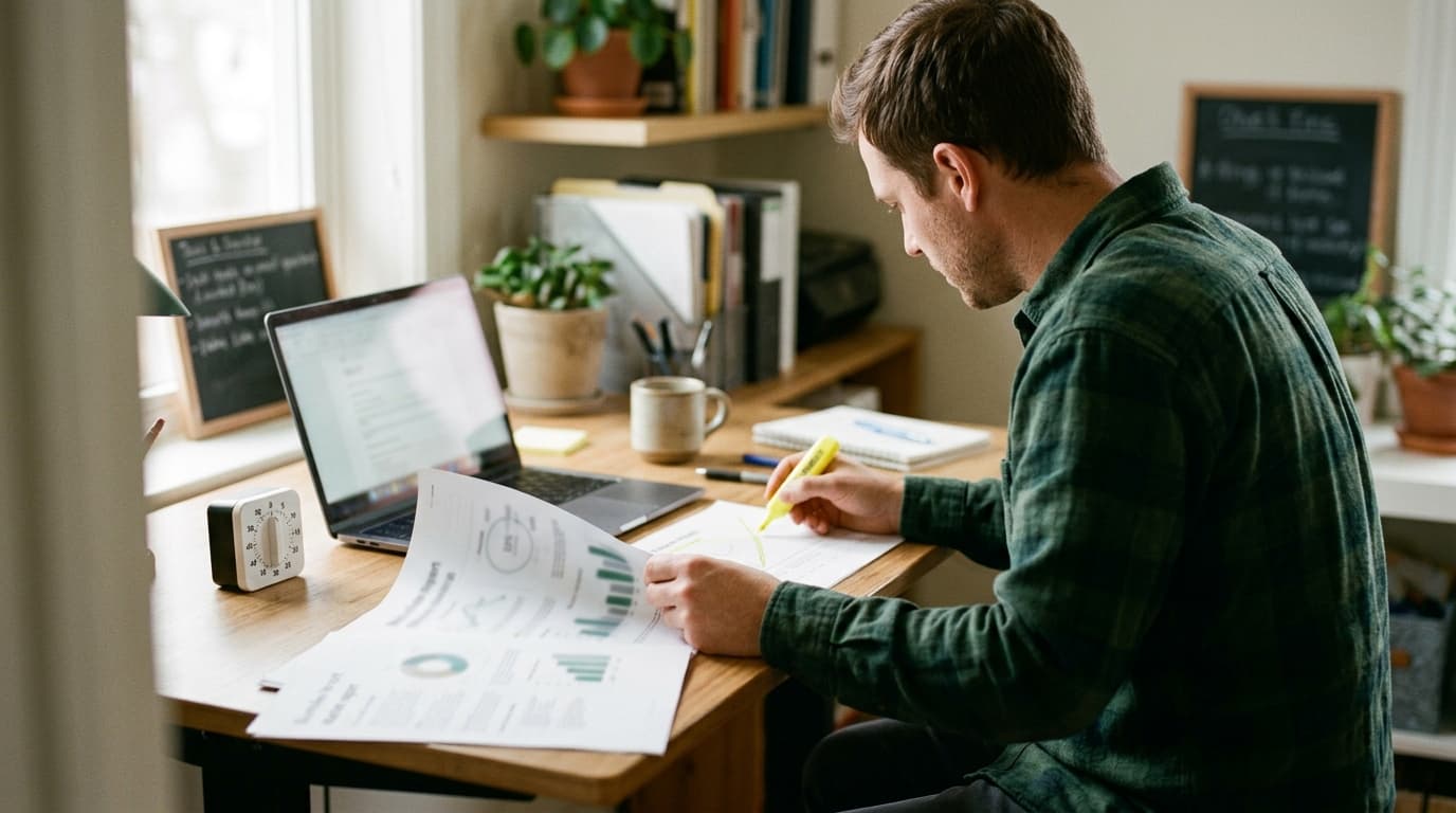 A founder highlighting a printed market report with a kitchen timer beside him — TurboAgents how-to on completing a market analysis in 10 minutes