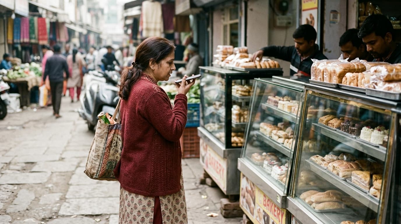 A woman in a maroon cardigan with a cloth shopping bag speaking a question into her phone in front of a row of glass bakery counters on a busy Indian market lane, deciding which to buy from: TurboAgents guide to AI search visibility and getting cited by ChatGPT and Perplexity