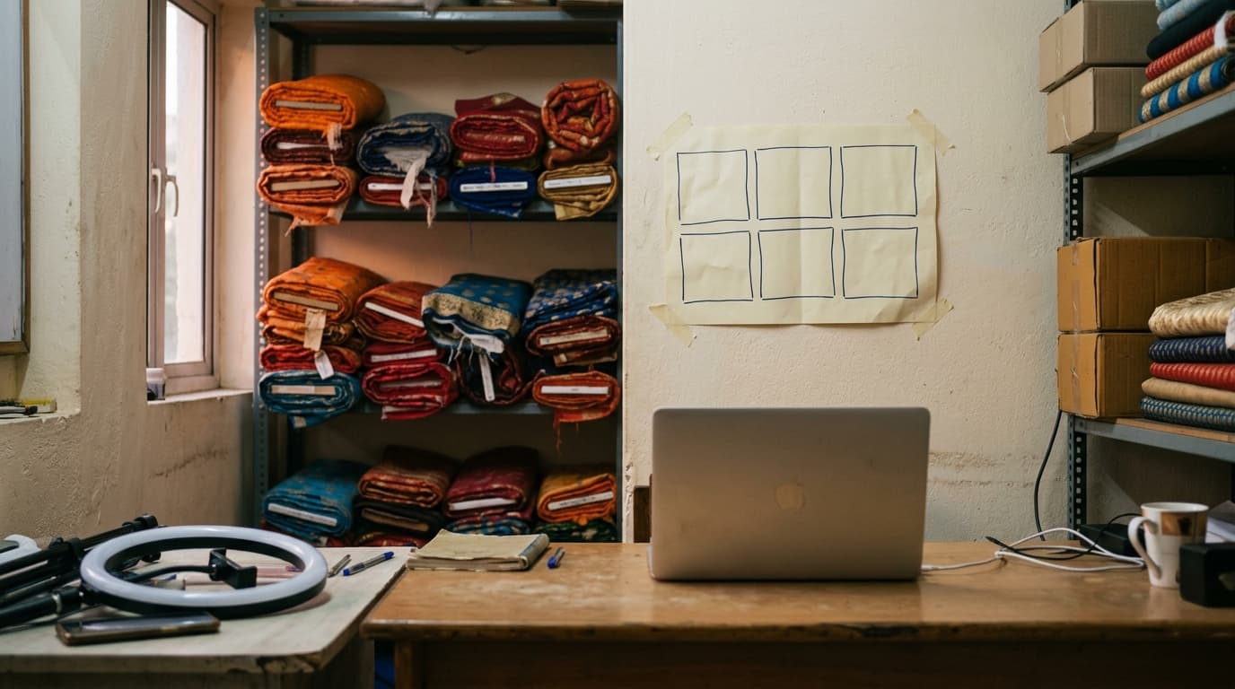 An empty back office of an Indian fabric shop, a hand-drawn six-box plan taped to the wall above a laptop while a ring light and phone sit pushed aside — TurboAgents post on AI strategy for small business