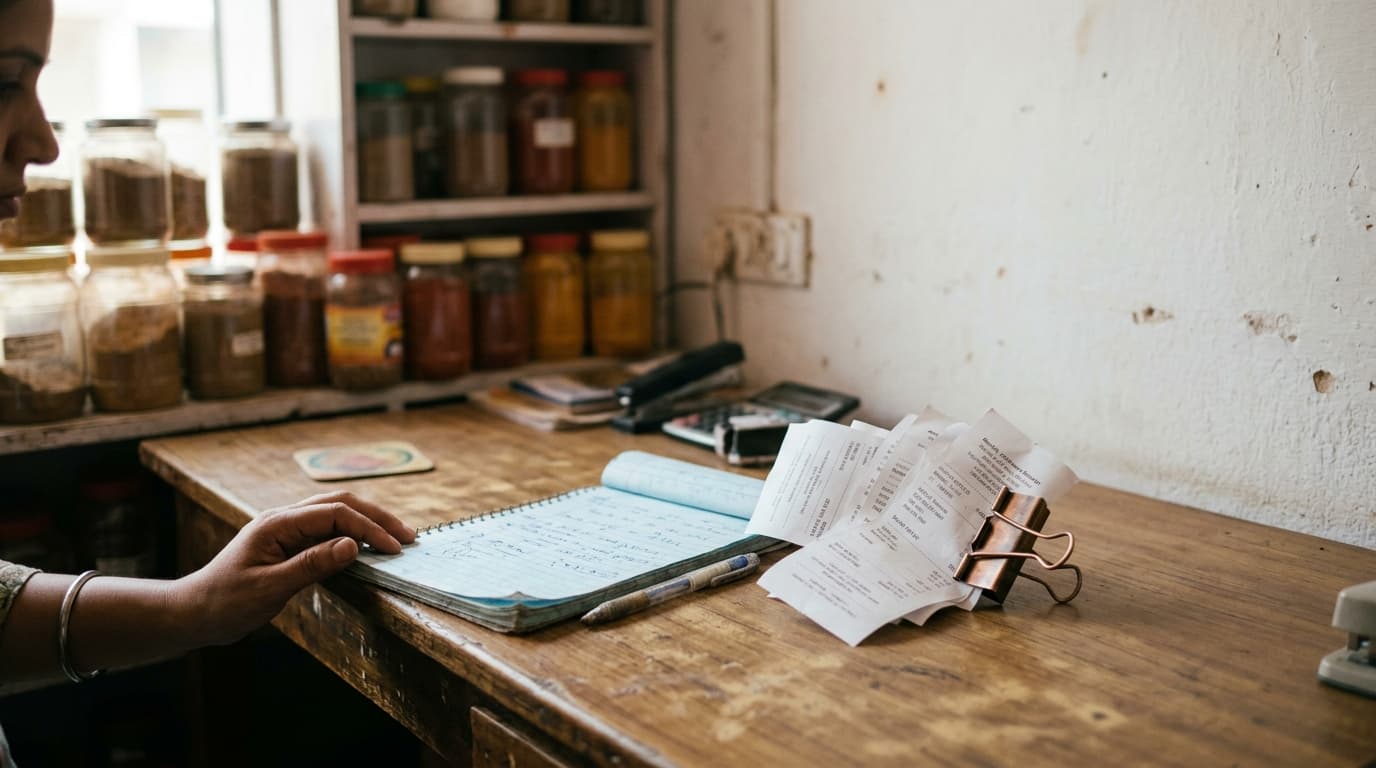 A spice-shop owner’s hand resting on a handwritten notebook beside a clipped bundle of printed monthly software receipts on a worn wooden desk, jars of spices behind — TurboAgents post on AI tool overwhelm statistics and how many AI tools small businesses use