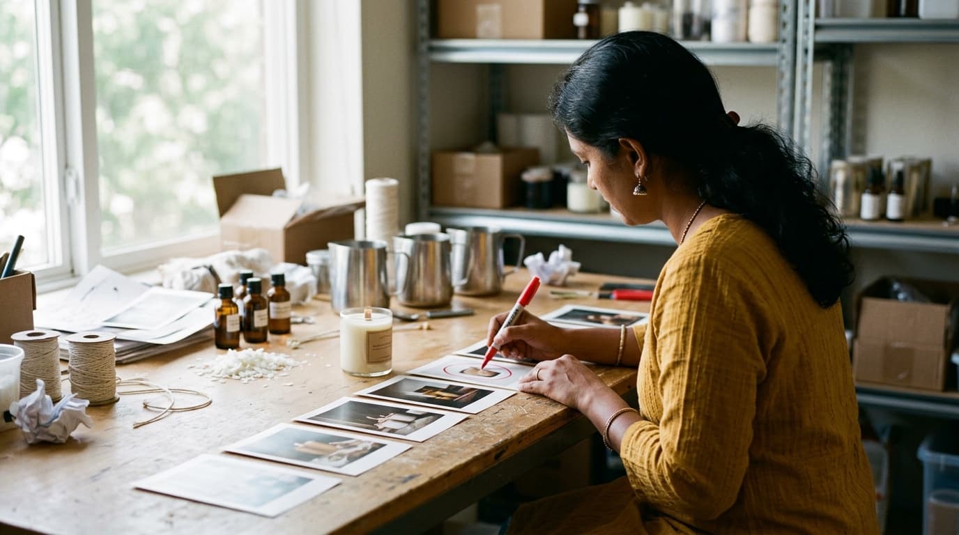 A candle-brand founder in a mustard kurta circling one printed frame with a red marker as she checks a row of stills from her video ad beside her own candle jar — TurboAgents AI video ad generator comparison