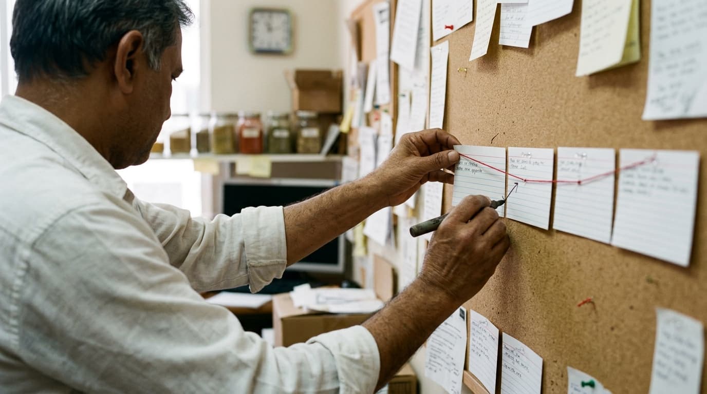 A grey-haired man in a white shirt drawing a marker arrow between index cards joined by a red thread on a corkboard in a small shop’s back office, spice jars on the shelf behind — TurboAgents guide to what an AI workflow builder is
