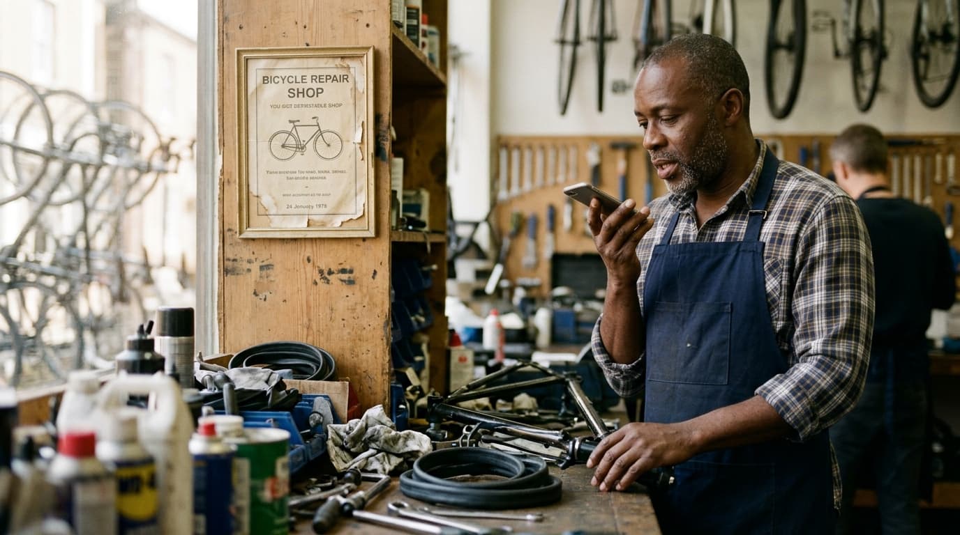 A bicycle repair shop owner in a navy work apron speaking a question into his phone at his cluttered workbench, an old framed printed advert for the shop on the wall beside him: TurboAgents research post on answer engines and AI search usage statistics