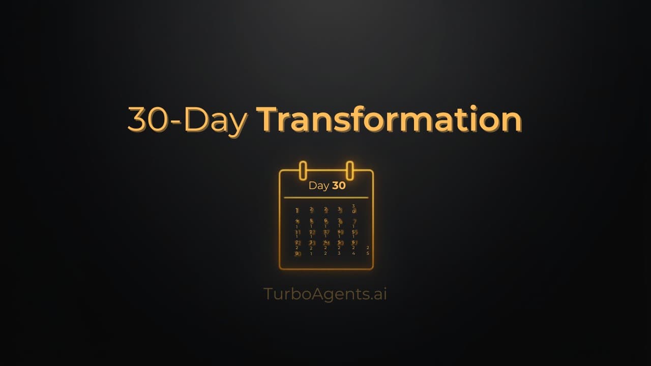 30-day AI marketing transformation roadmap with calendar milestone timeline and gold accent design