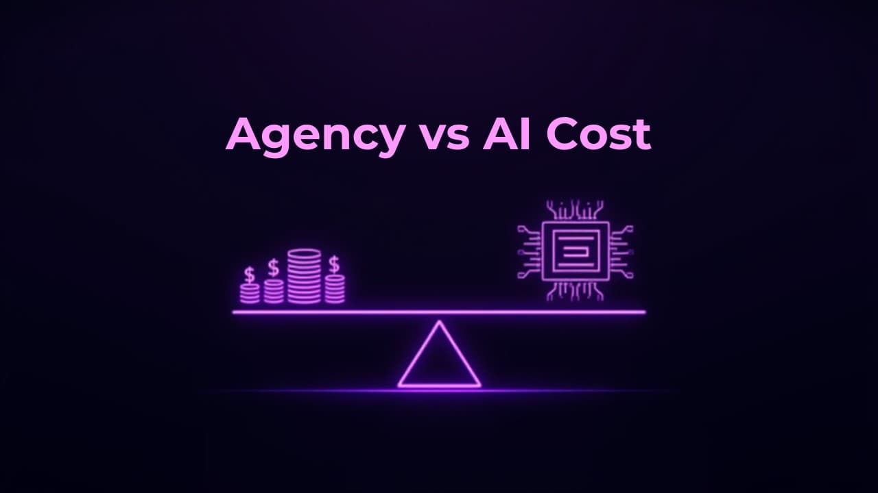 Cost comparison visualization contrasting traditional marketing agency pricing versus AI platform costs with ROI metrics