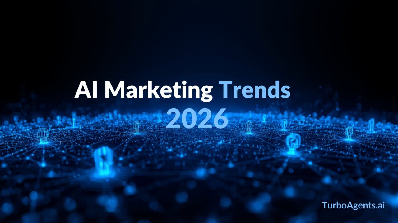 Interconnected AI agent network with glowing nodes illustrating agentic AI marketing automation trends for 2026