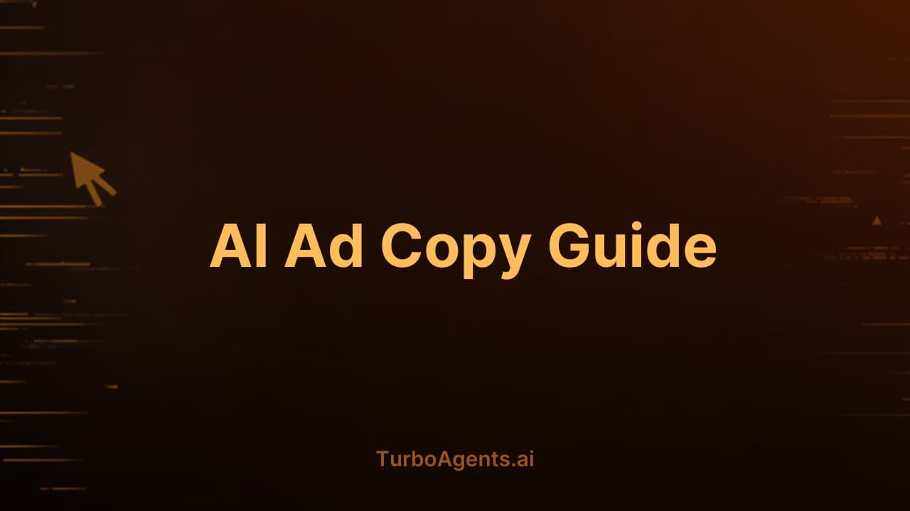 AI ad copy generator interface with typewriter cursor showing automated advertising copywriting on dark orange background