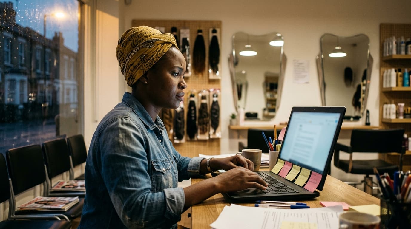 A hair-salon owner in a mustard headwrap and denim shirt at her reception desk after closing, a row of sticky notes for different logins along the bottom of her laptop screen — TurboAgents comparison of free vs paid AI marketing tools