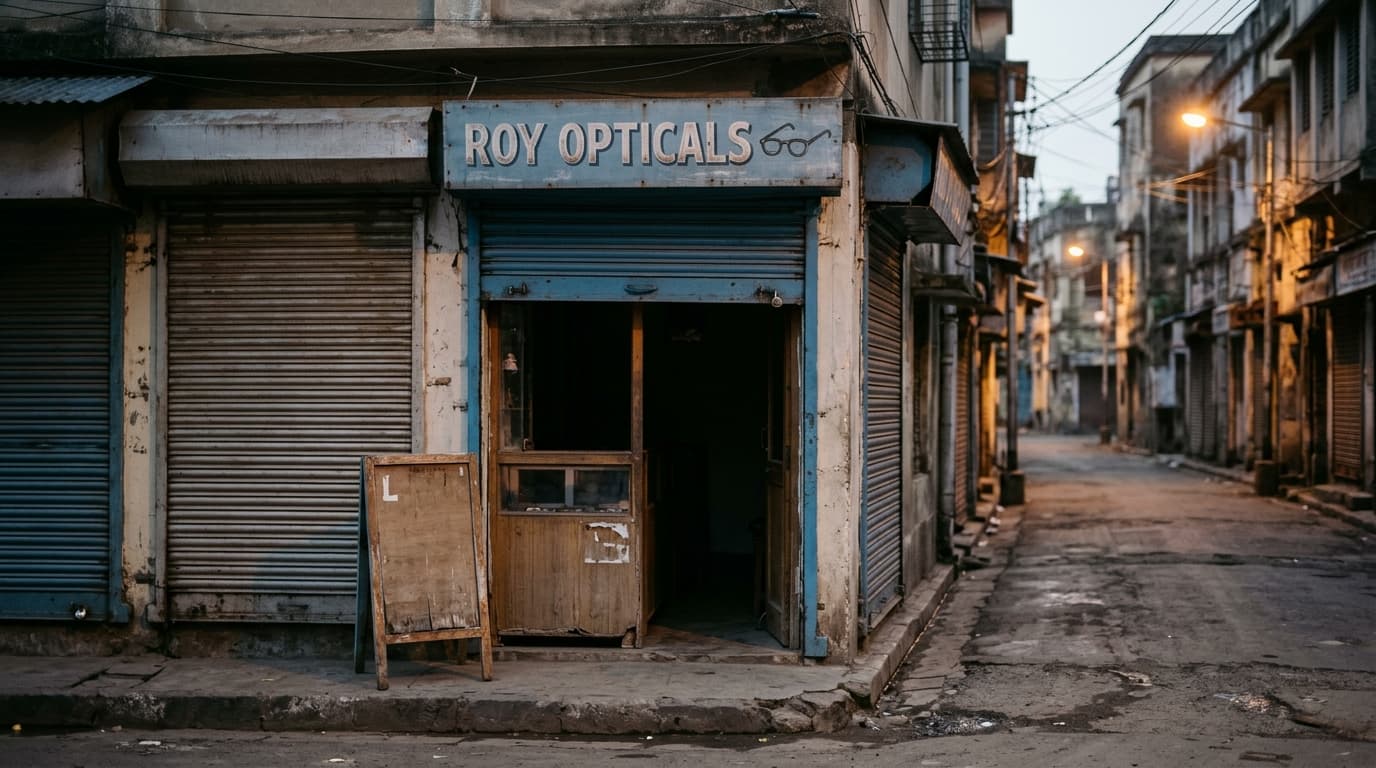 A small optician’s shop on a street corner at dawn with no one in the frame, its door open beneath a signboard facing the road and a sandwich board set out on the step while the rest of the street is still shuttered: TurboAgents guide to GEO vs SEO