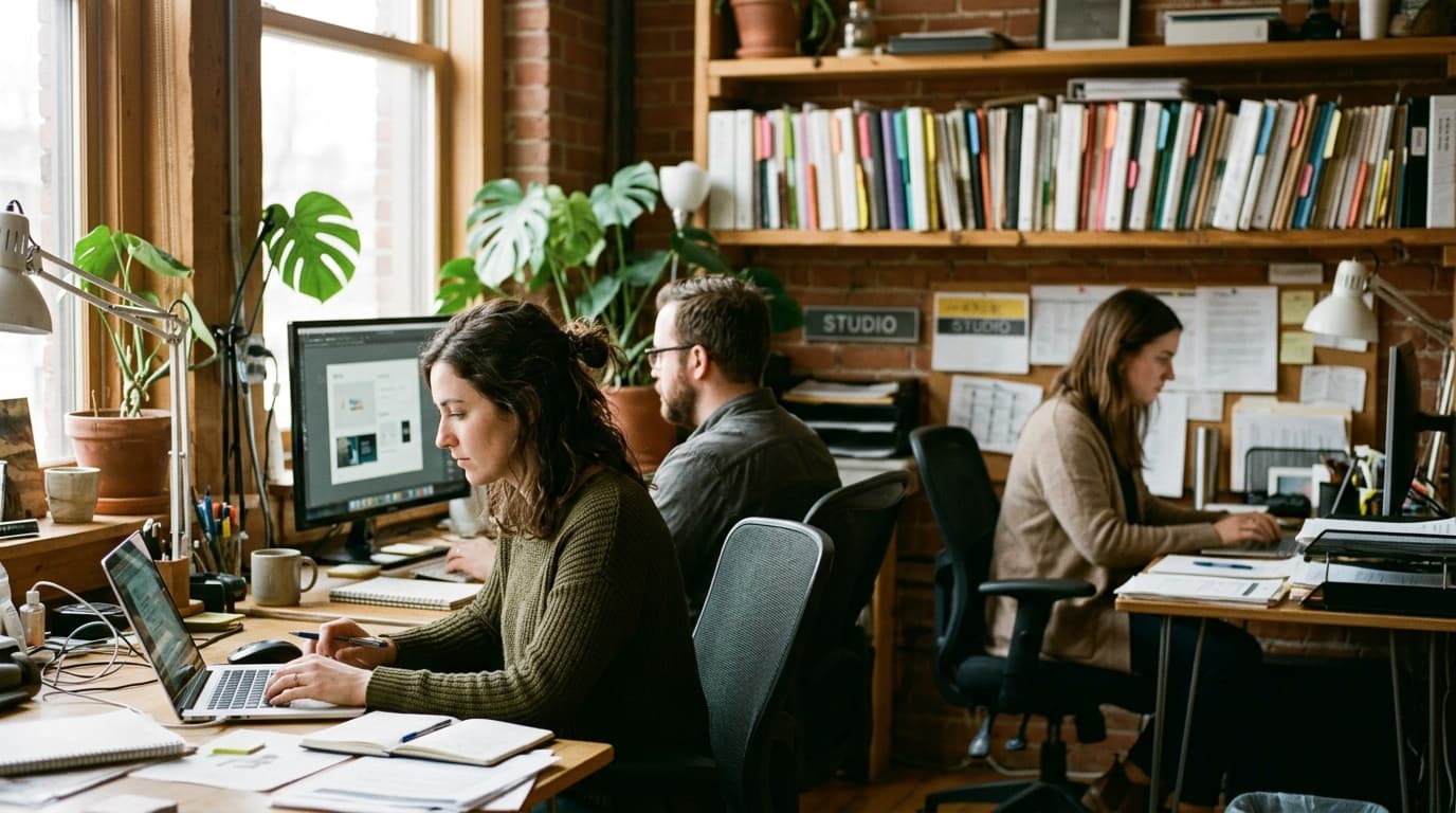 A three-person boutique agency working across several clients' projects in a small studio — TurboAgents guide to how agencies scale with AI tools