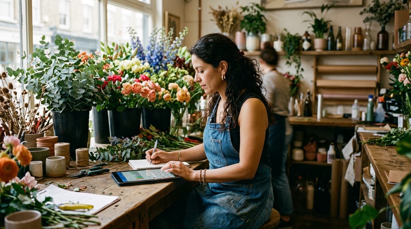 A florist planning the week's marketing on a tablet at her shop counter — TurboAgents guide to AI marketing for small businesses on a small budget