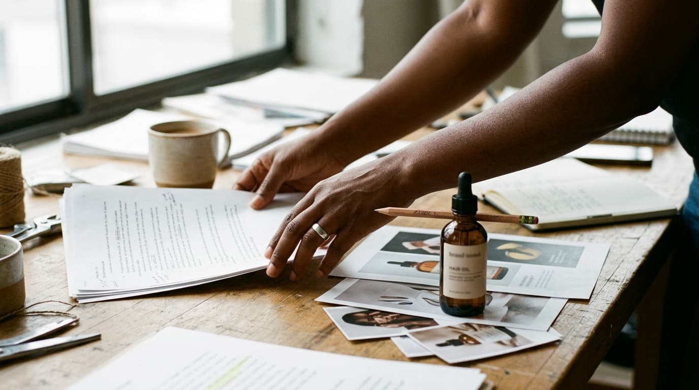 Hands moving a stack of typed draft pages aside to make room for printed ad layouts, product photos and a bottle of hair oil — TurboAgents comparison of Jasper alternatives