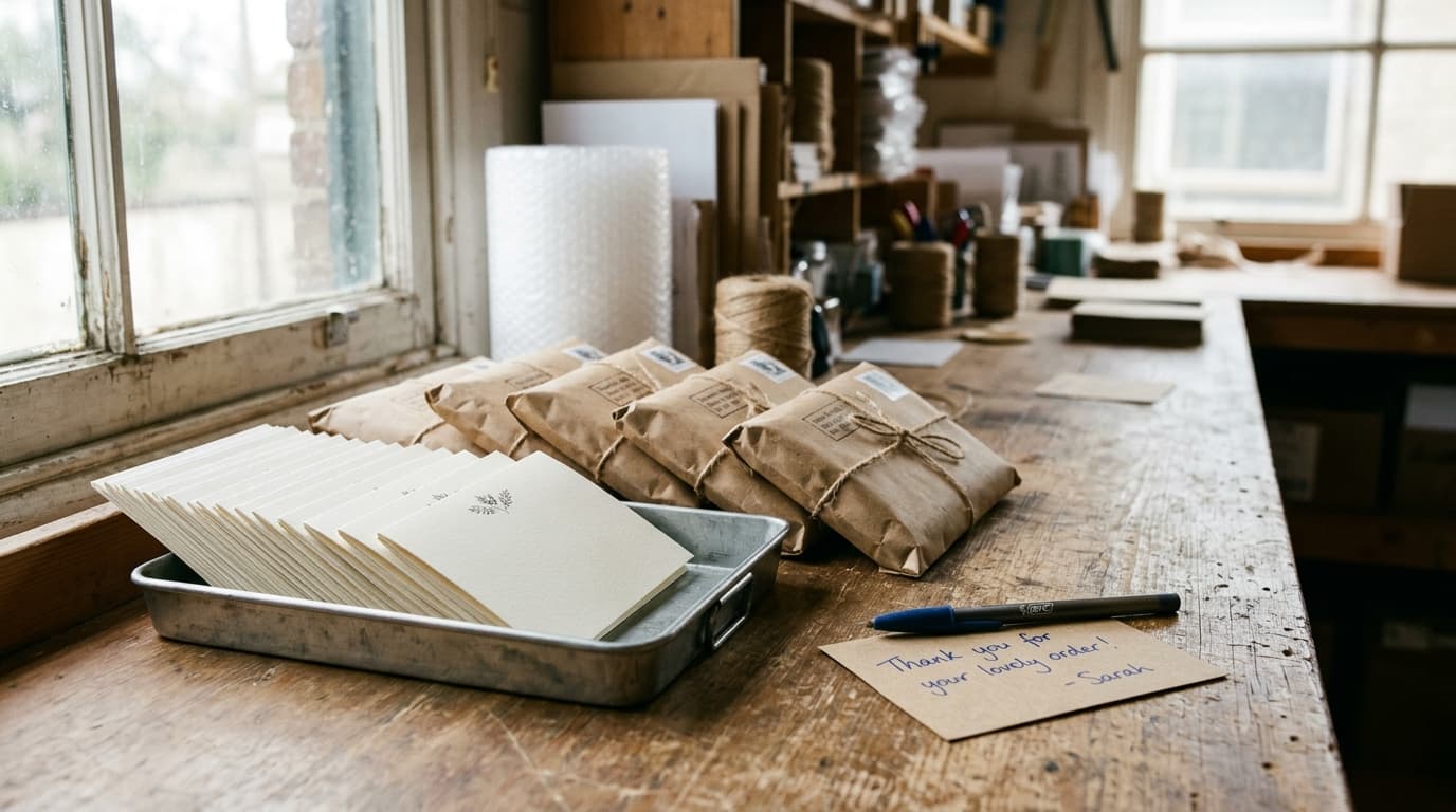 A small shop’s wooden packing table by a window with no one in the frame: a metal tray of identical printed thank-you cards, a row of string-tied kraft parcels, and one handwritten card with a blue pen beside it: TurboAgents research post on marketing automation statistics
