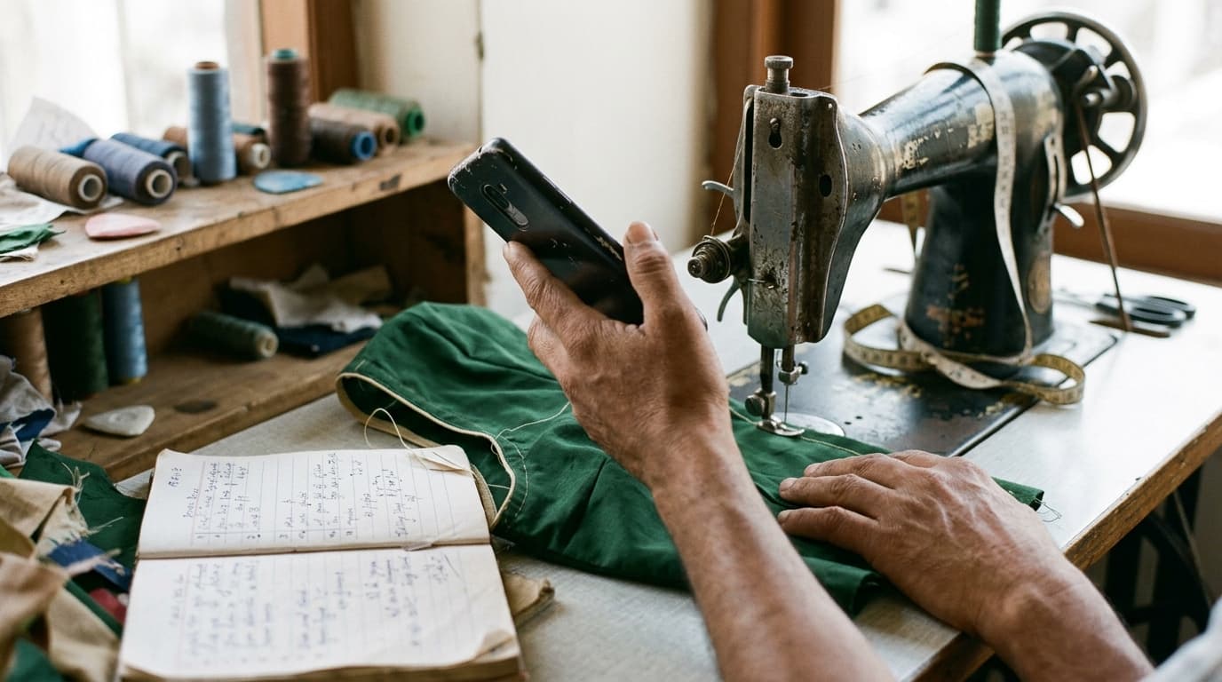 The hands of a self-employed tailor holding a phone to record a voice note over a half-sewn green garment at an old sewing machine, a handwritten order book open beside it: TurboAgents research post on solopreneur AI adoption