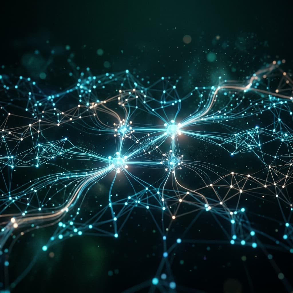 Futuristic glowing interconnected network nodes representing a digital toolkit