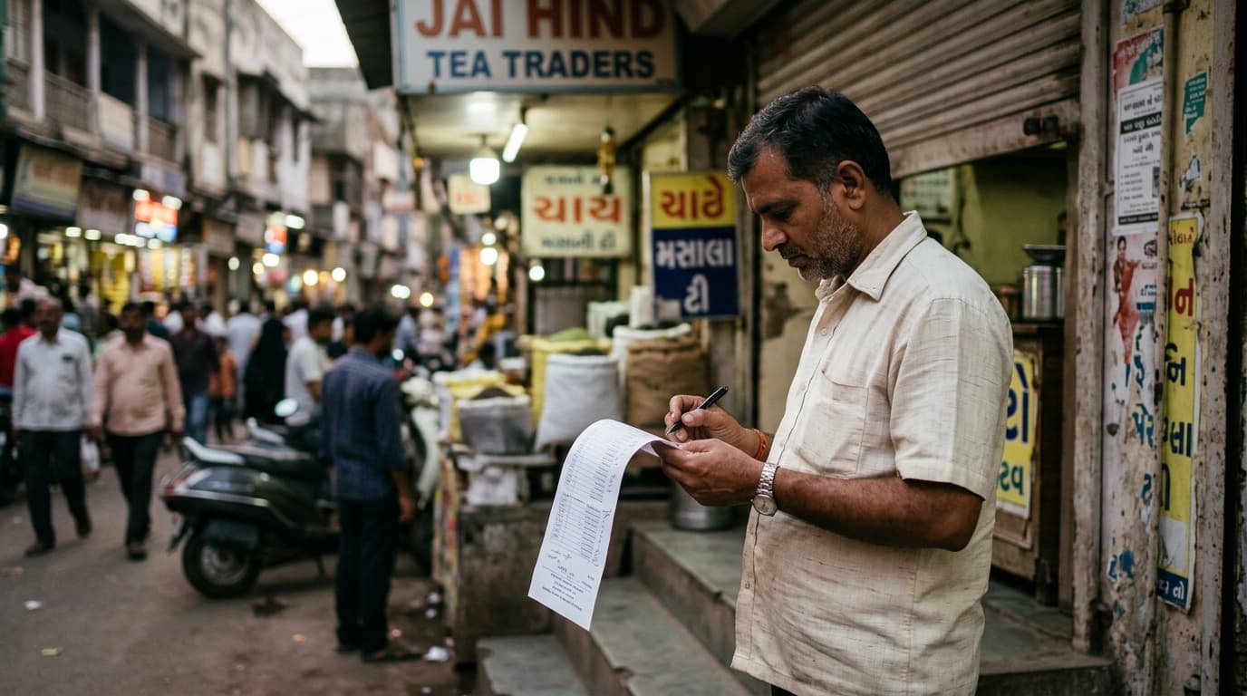 A tea-shop owner in a cream shirt standing on his shop step in a busy Indian market lane at dusk, running a pen down a long printed card statement — TurboAgents post on the true cost of too many AI subscriptions