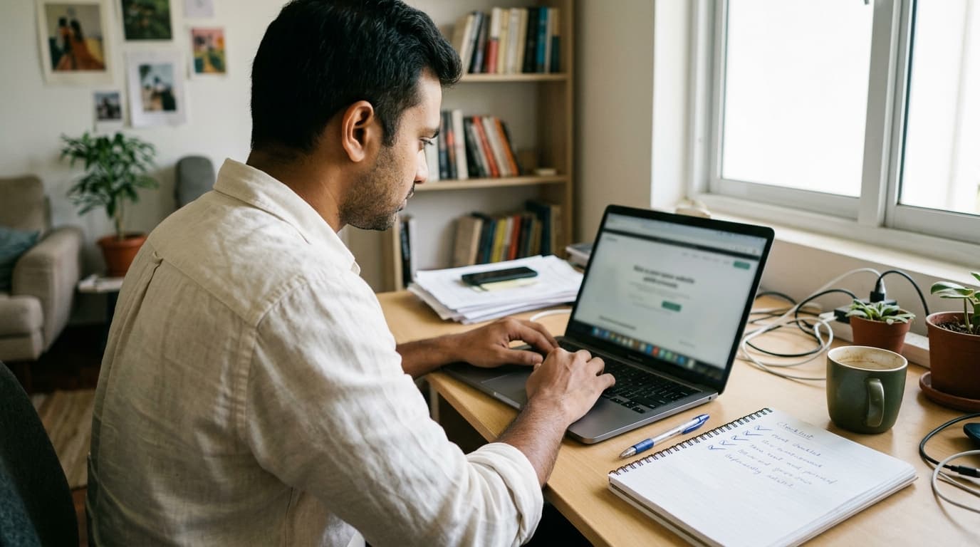 A small business owner working through one laptop with a paper checklist of research, strategy and content ticked off in order — TurboAgents guide to AI marketing platforms