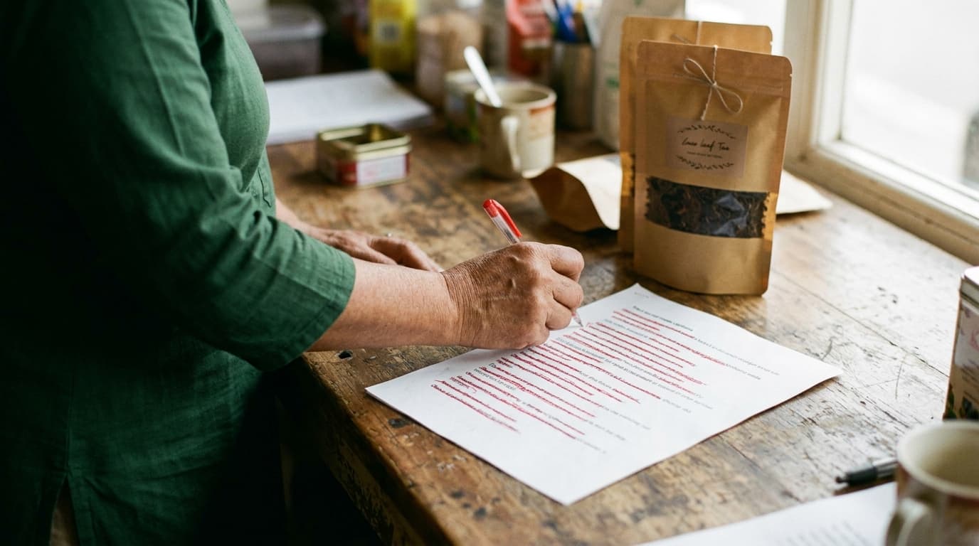 A tea seller in a green kurta striking through lines of near-identical printed draft captions with a red pen at her wooden shop counter, packets of her own loose-leaf tea beside the page — TurboAgents post on why AI content sounds generic and how to fix it